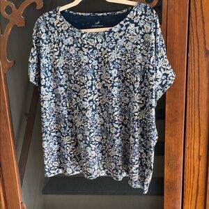 J. Jill Blue and Cream Floral Short Sleeve Tee